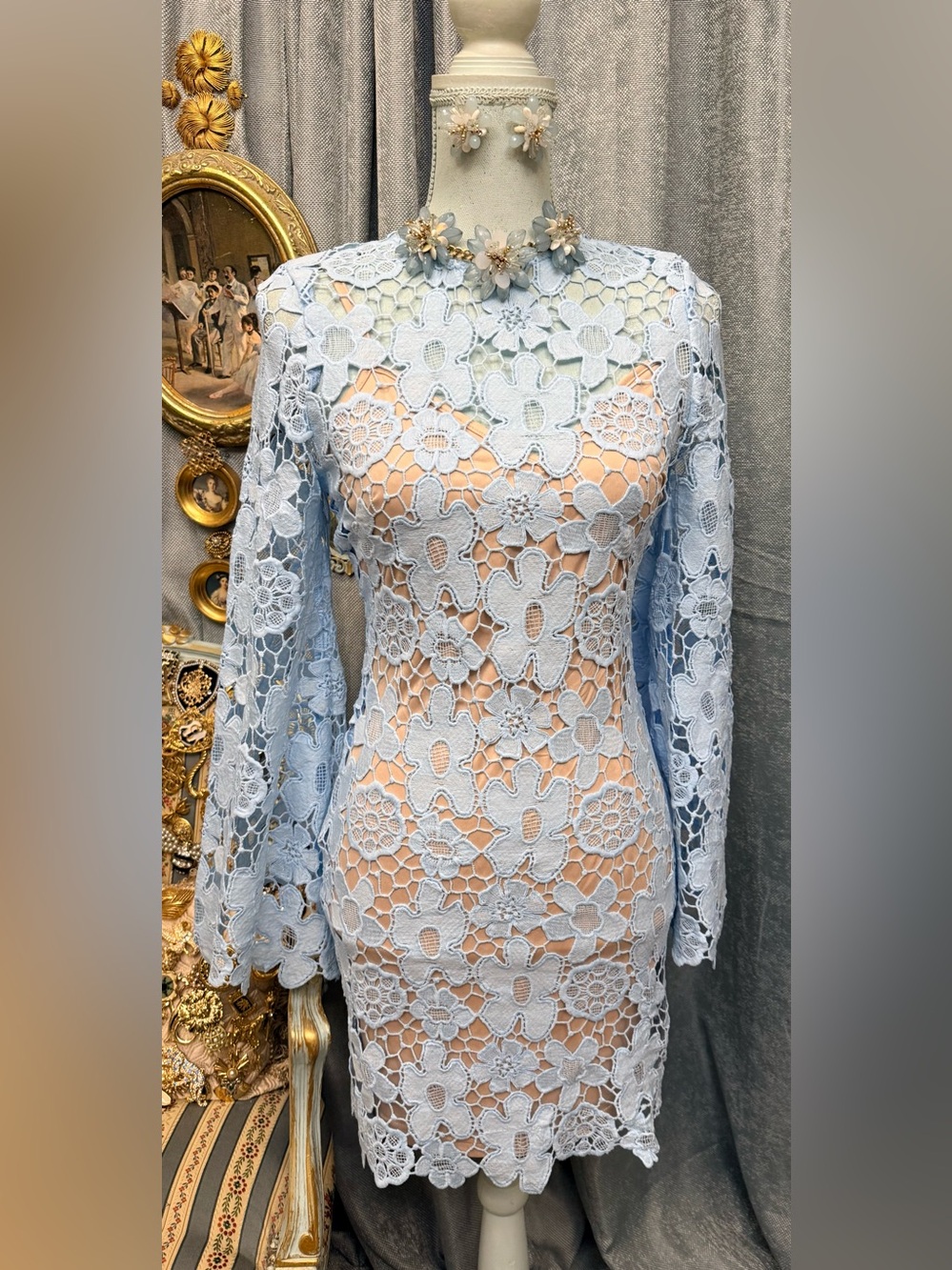 "Serenade in Blue Lace" - Romantic Lace
Dress with Floral Jewelry Set